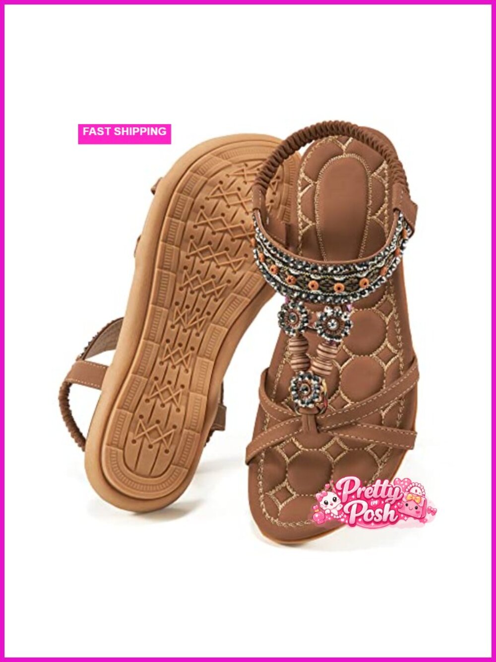 Bohemian Rhinestone Beaded Sandals Faux Leather Elastic Ankle Strap Flats Women